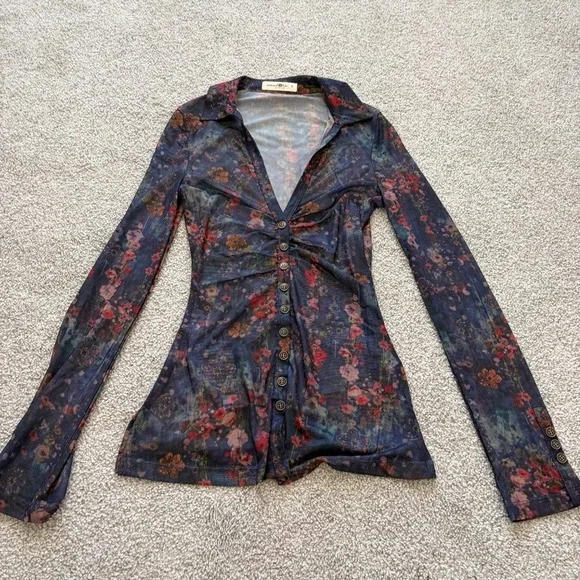 Natural Life Carina Mesh Top Womens S Blue Floral Cottage Whimsigoth Fairy Witch - Picture 1 of 9